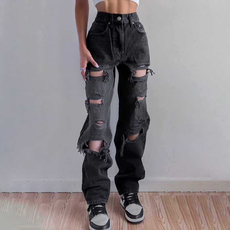 Chunky Dunky High Waist Ripped Jeans Raw Edge Loose Straight Pants Washed Black Denim Trousers Street Style Women's