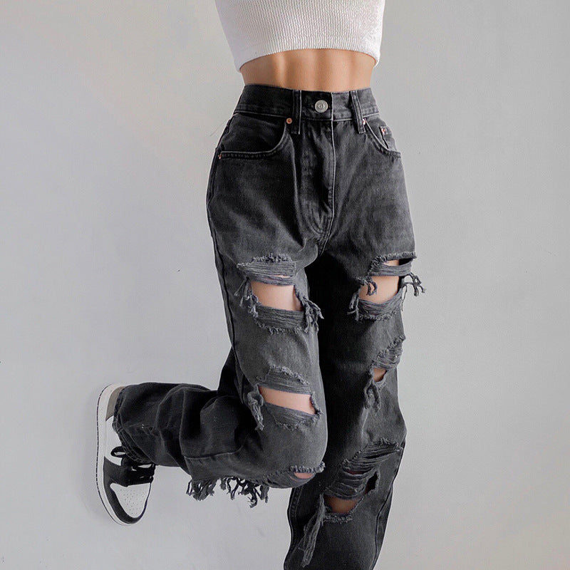 Chunky Dunky High Waist Ripped Jeans Raw Edge Loose Straight Pants Washed Black Denim Trousers Street Style Women's