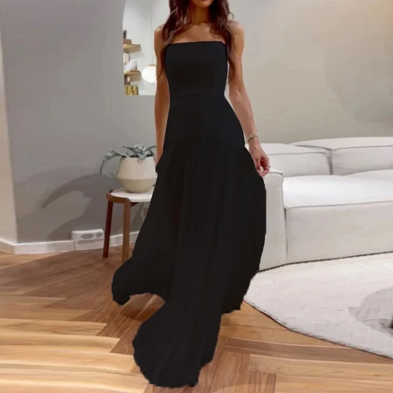 Lizakosht Ellafads Women Maxi Dress Summer Fashion Strapless Pleated Solid Sleeveless Slim Nipped Waist Evening Party Dresses Streetwear