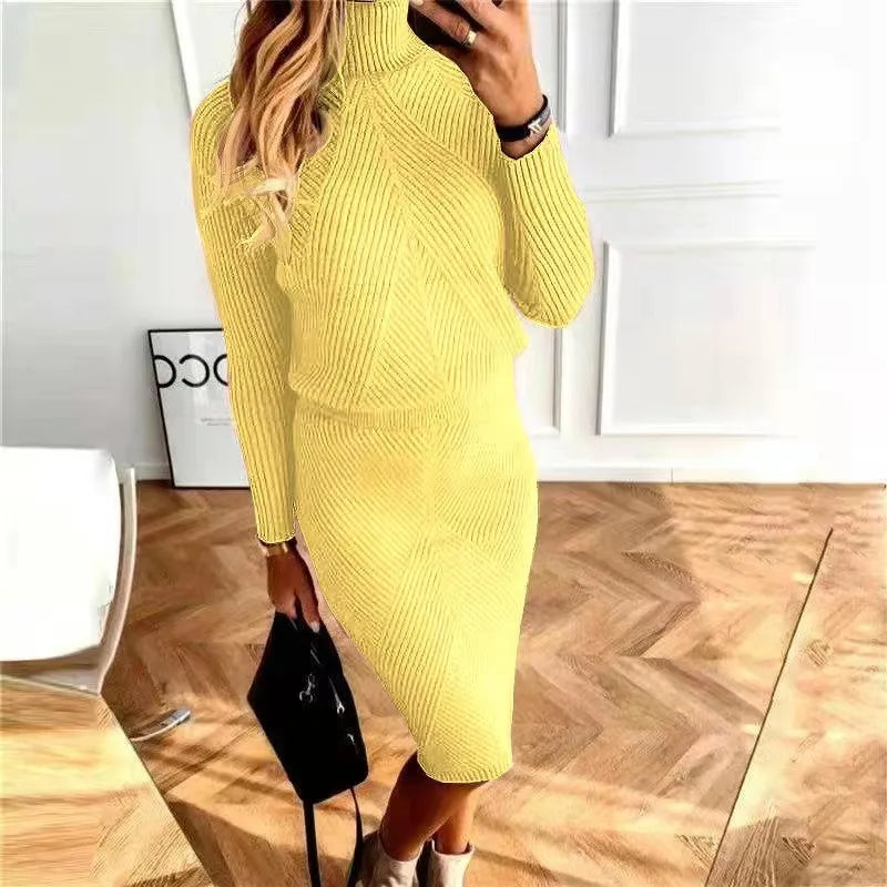 Lizakosht New Winter Autumn Sweater Set for Women O Neck 2 Piece Sets Office Lady Knit Pullover Beading Elastic Waist Skirt Outfits Spring