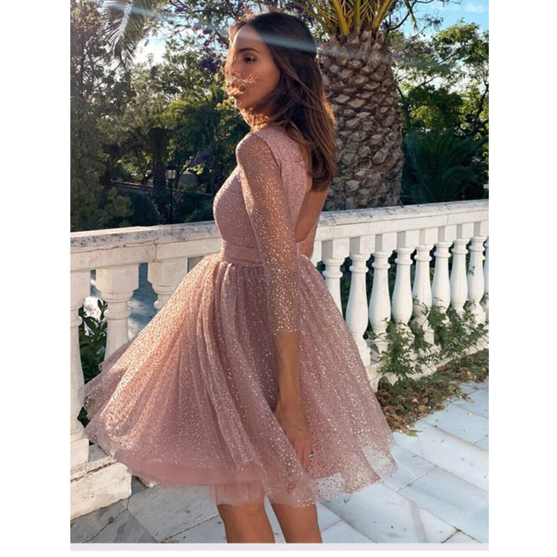 Lizakosht Summer New Ladies Fashion Pink Long Sleeve Evening Dresses High Waist A-Line Backless Party Dresses Women Clothing