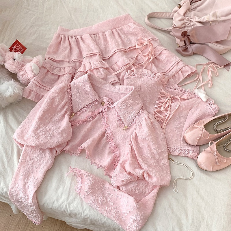 Lizakosht Pink 3 Piece Sets Women Crop Top Puff Sleeve Short Cardigans Elastic Waist Skirt Cute Outfits for Sweet Girl Kawaii Clothes