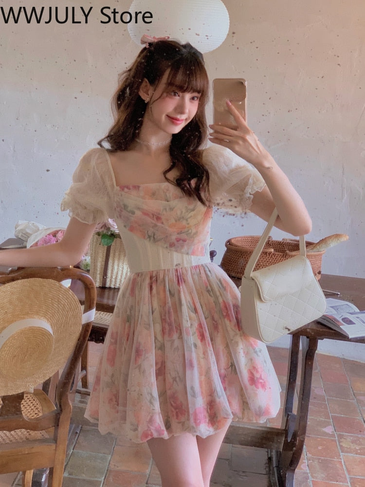 Short Sleeve Elegant Floral Dress Woman Korean Fashion Short Party Dress Casual Fairy Sweet Mini Dress Boho 2022 Summer Chic