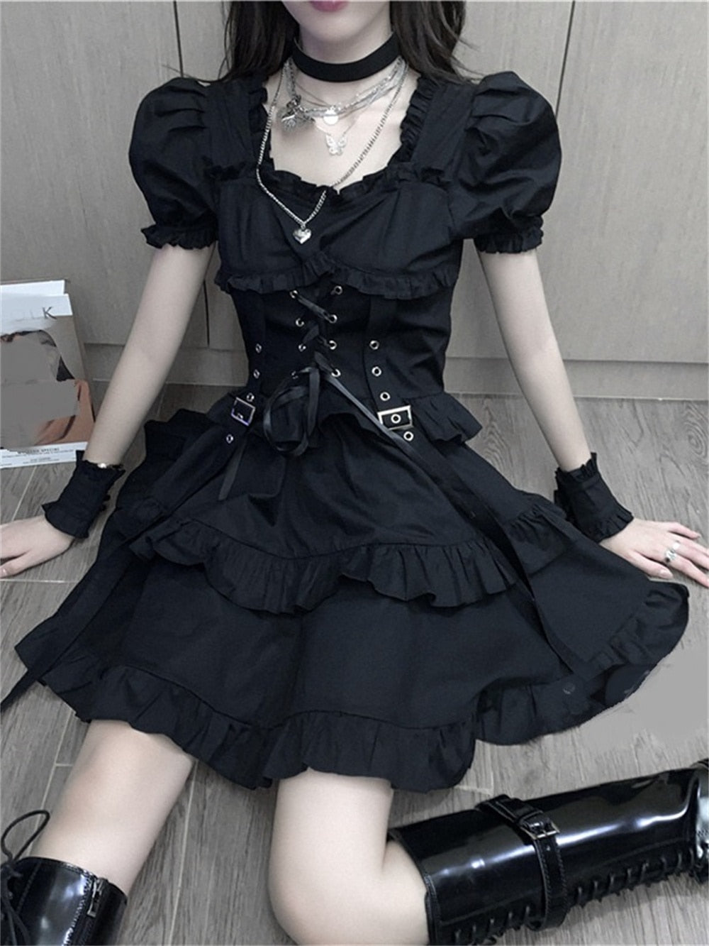 Gothic Lolita Alt Mini Dress Black Kawaii Princess Vestidos E Girl Ropa Fairycore Cute Lace Ruffles Sundress Party Dresses