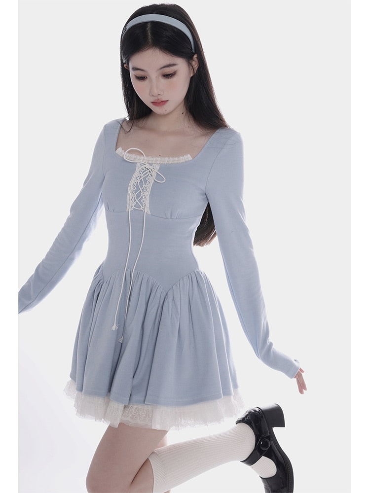 Lizakosht Sweet Dresses Women Summer Long Sleeve Lace Trim Square Collar Lace-up A-line Chic Fashion Mini Dress for Kawaii Girls