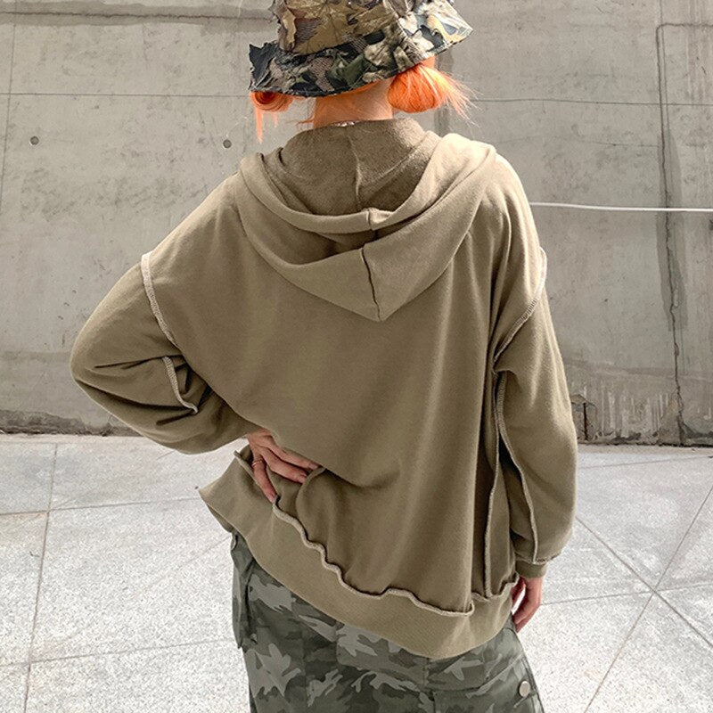 Autumn Hoodies Oversize Y2K Sweatshirts Women Star Hooded Sweatshirt Zipper Cardigan Loose Khaki Print Sweatshirt Coat Jackets