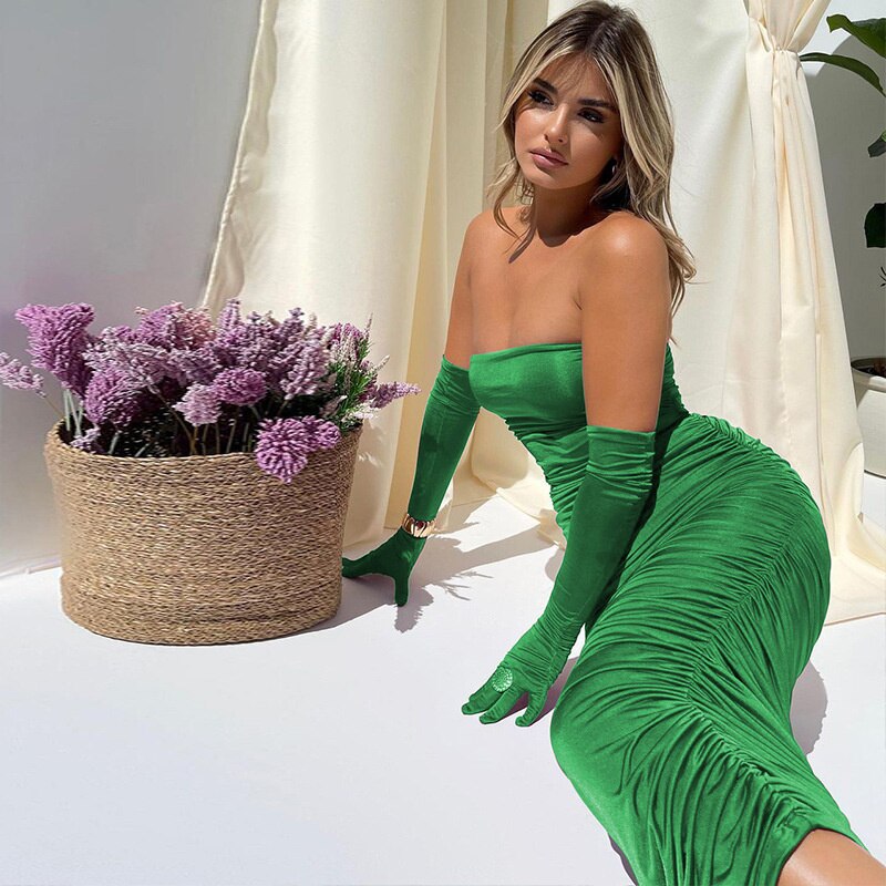 Lizakosht Green Ruched Strapless Party Dress Women Drawstring Elegant Fashion New Sexy Off Shoulder Sleeveless Midi Tight Dress