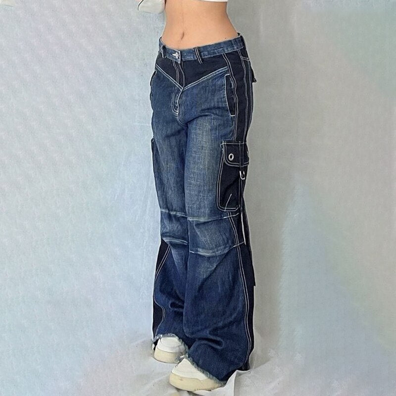 Lizakosht 2023 Loose Y2K Women Baggy Pants Denim Pockets Up High Street Patchwork Blue Low Waist Wide Leg Jeans Vintage Casual Cargo Pants