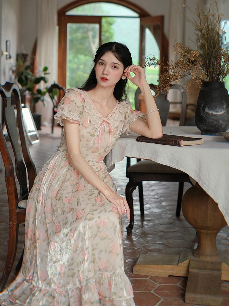 Lizakosht Cottage Mori Girl Print Floral Dress Woman Summer Vingtage French Style Peter Pan Collar Lace Puff Sleeve Dresses Robe Fleurie