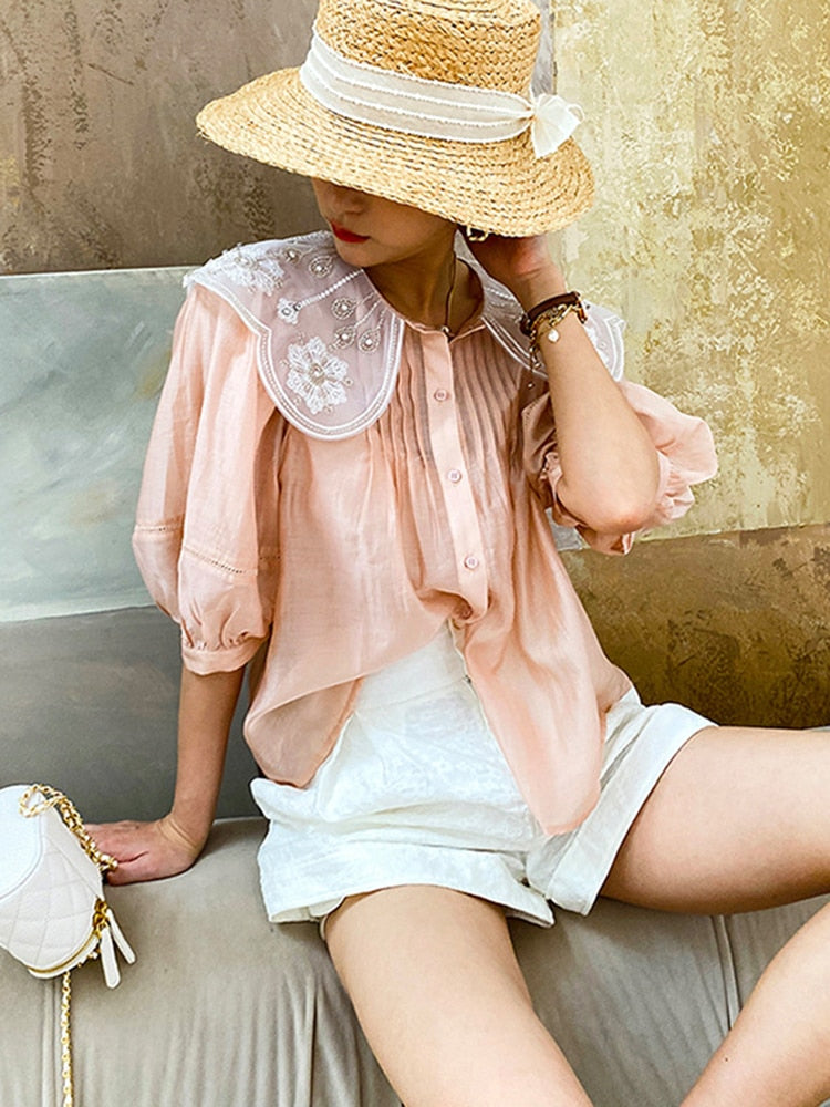 GypsyLady Elegant Chic White Blouse Shirt Loose Floral Embroidery Summer Women Blouse Lantern Sleeve Beading Office Ladies Tops