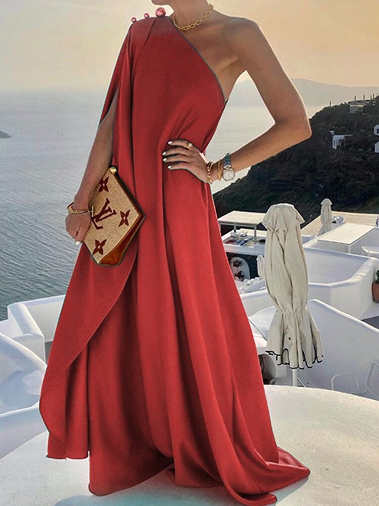 Summer Fashion Skew Collar Backless Beach Dresses Elegant Solid One Shoulder Big Hem Dress Women Irregular Loose Slit Maxi Dress