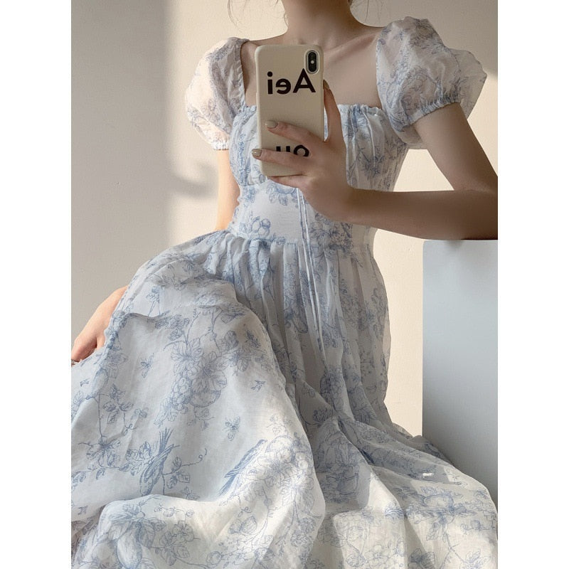 Lizakosht Korean Style Women Dress New Fashion Spring French Style Sweet Square Collar Puff Sleeve Lace-up Elegant Vintage Midi Dress