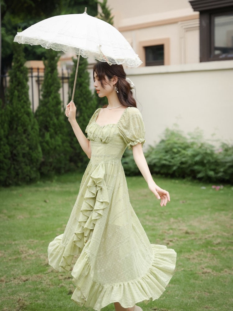 Lizakosht Summer Sexy Lady Green Dress Retro French Style Ruffles Asymmetrical Puff Sleeve Princess Dresses For Party Night Vestido Festa