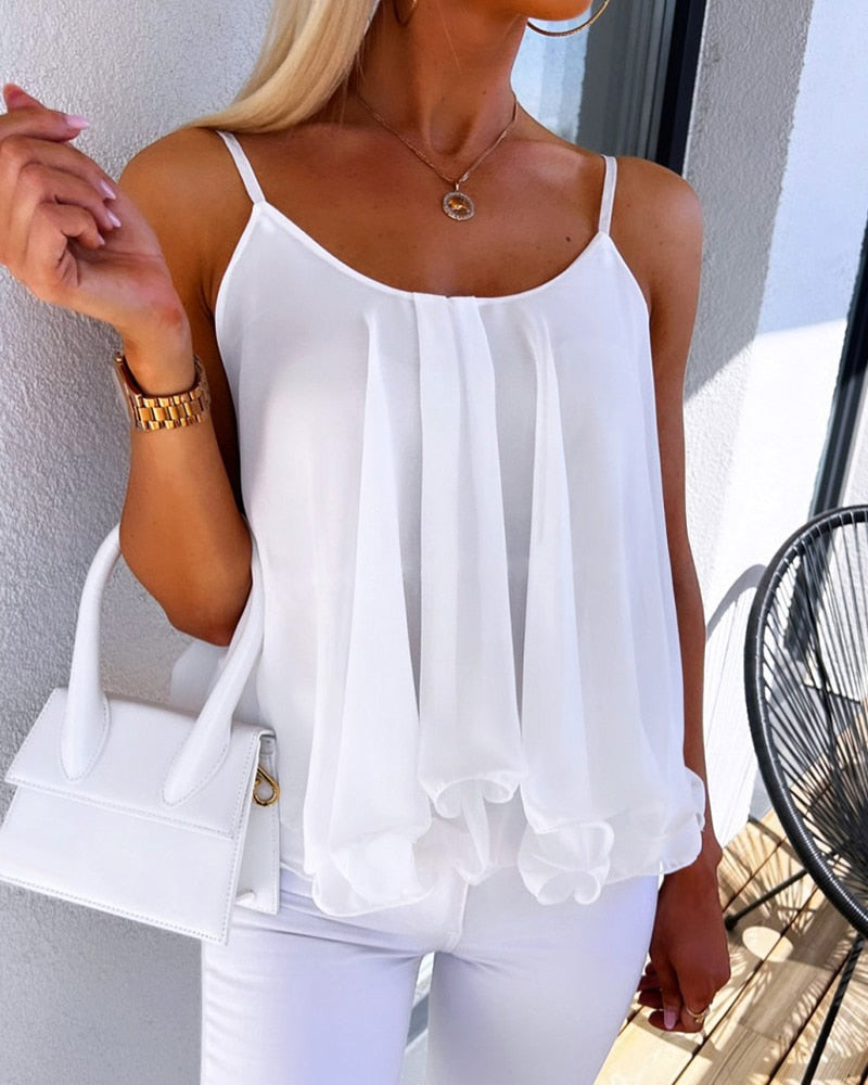 Lizakosht Women Fashion Casual Solid Color T-shirts Summer Beach Wear Daily Sleeveless Ruffle Hem Flowy Cami Top