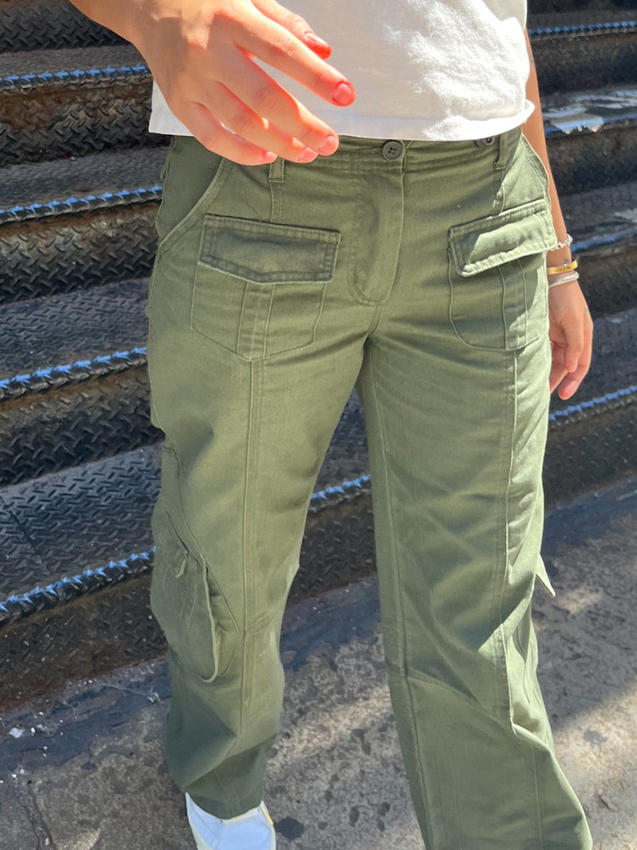 Lizakosht Vintage Casual Green Cargo Pants Women Spring Solid Adjustable Elastic High Waist Straight Pants Retro Streetwear Y2k Trousers