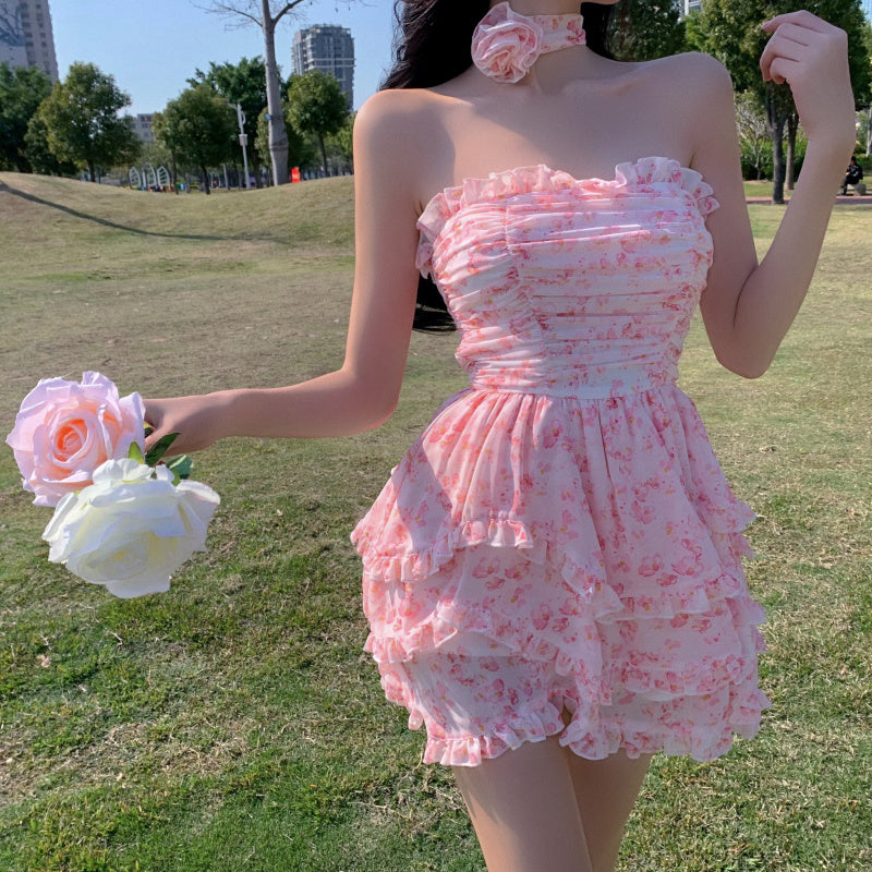 Casual Strapless Sexy Summer Dresses For Women 2022 Korean Floral Print Chiffon Beach Holiday Mini Dress Elegant Party Dress