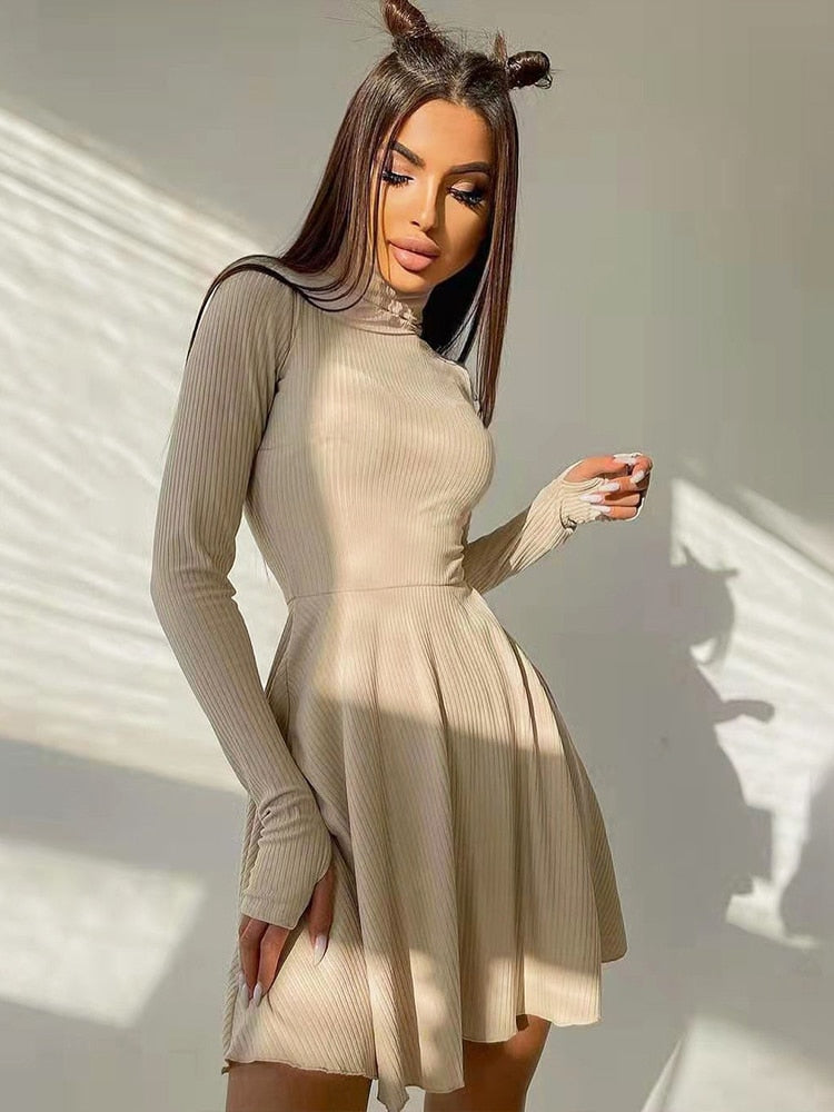 Tossy Women Turtleneck Long Sleeve Elegant Solid Dresses Ladies Knitted Bottoming A-line Pleated Dress Casual Fashion Streetwear