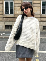 Lizakosht Solid Crochet Knit Hollow Out O-neck Women Pullover Long Sleeve Loose Oversized Basic Sweater Autumn Chic Casual Knitwears