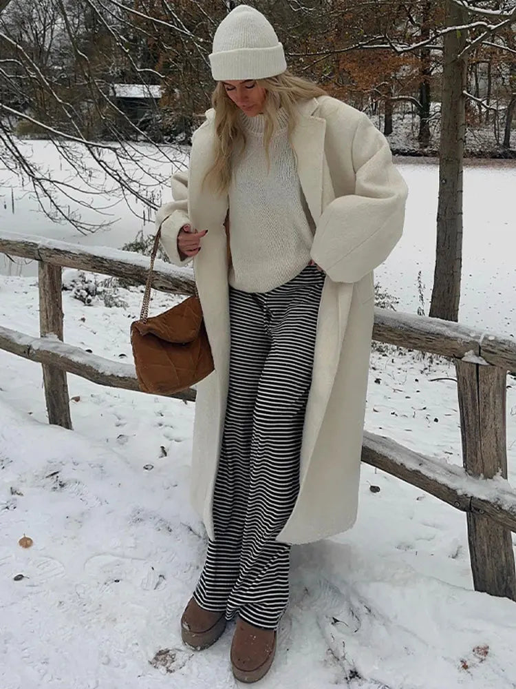 Lizakosht Solid Elegant Woolen Blends Long Coat For Women Turndown Collar Open Front Long Sleeve Loose Overcoat Chic Causal Lady Streetwea