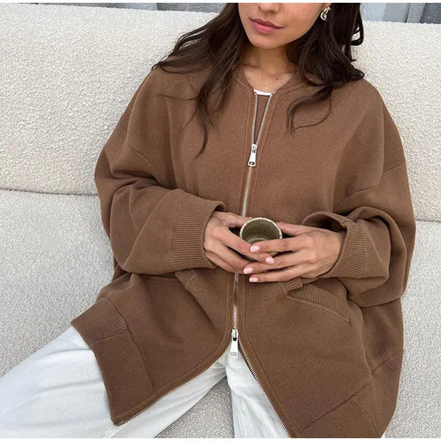 Lizakosht Solid Knit Zipper O-neck Oversize Women Cardigan Long Sleeve Loose Elastic Hem Sweater Coat Autumn Chic Casual Lady Outwear