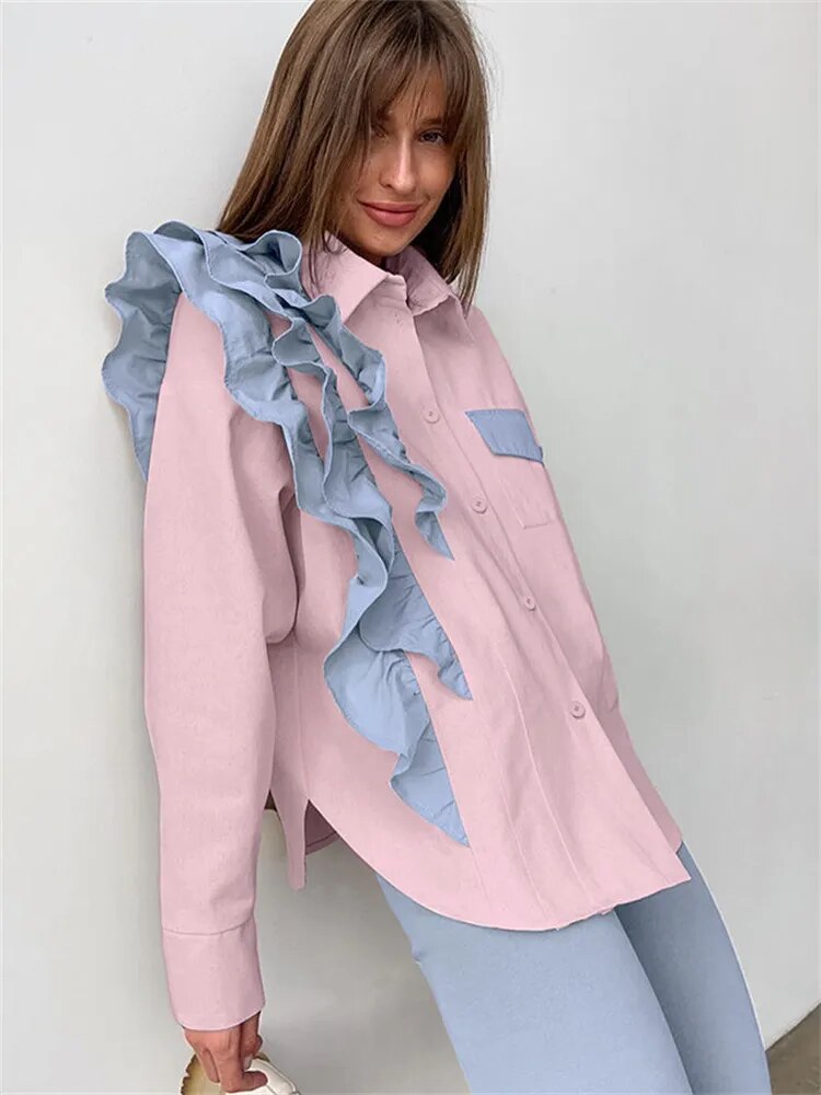 Lizakosht -  Ruffled Patchwork Fashion Shirts For Women Pocket Lapel Casual Long Sleeve Cardigan Elegant Contrast Female Blouse Y2k Top