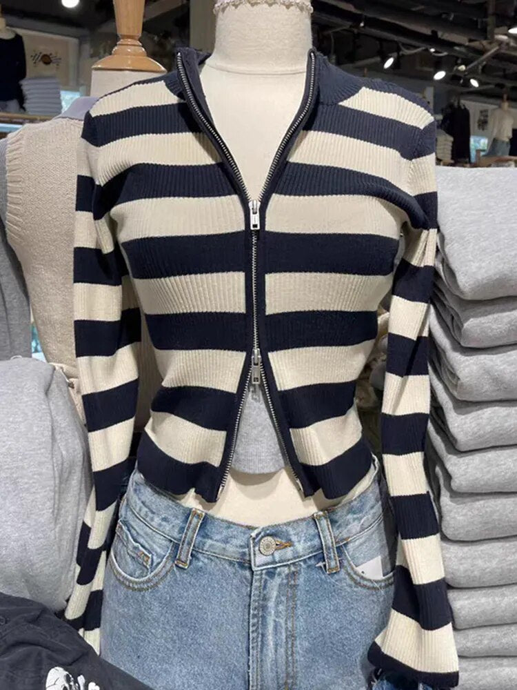 Lizakosht Vintage Striped Slim Knit Cardigan Women Soft Cotton Zipper Spring Long Sleeve Sweater Female Casual  Simple Sexy Crop Top Y2k