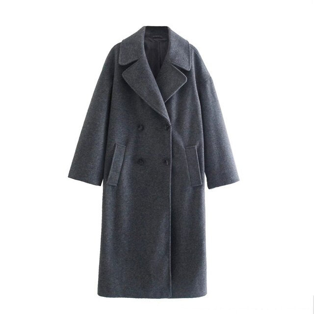 Lizakosht Wool Blends Coat Women Long Overcoat Double Breasted Lapel Winter Autumn Female Outwear Fashion Warm Gray Elegant Coats