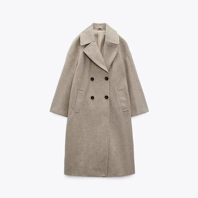 Lizakosht Wool Blends Coat Women Long Overcoat Double Breasted Lapel Winter Autumn Female Outwear Fashion Warm Gray Elegant Coats