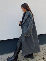 Lizakosht Wool Blends Coat Women Long Overcoat Double Breasted Lapel Winter Autumn Female Outwear Fashion Warm Gray Elegant Coats