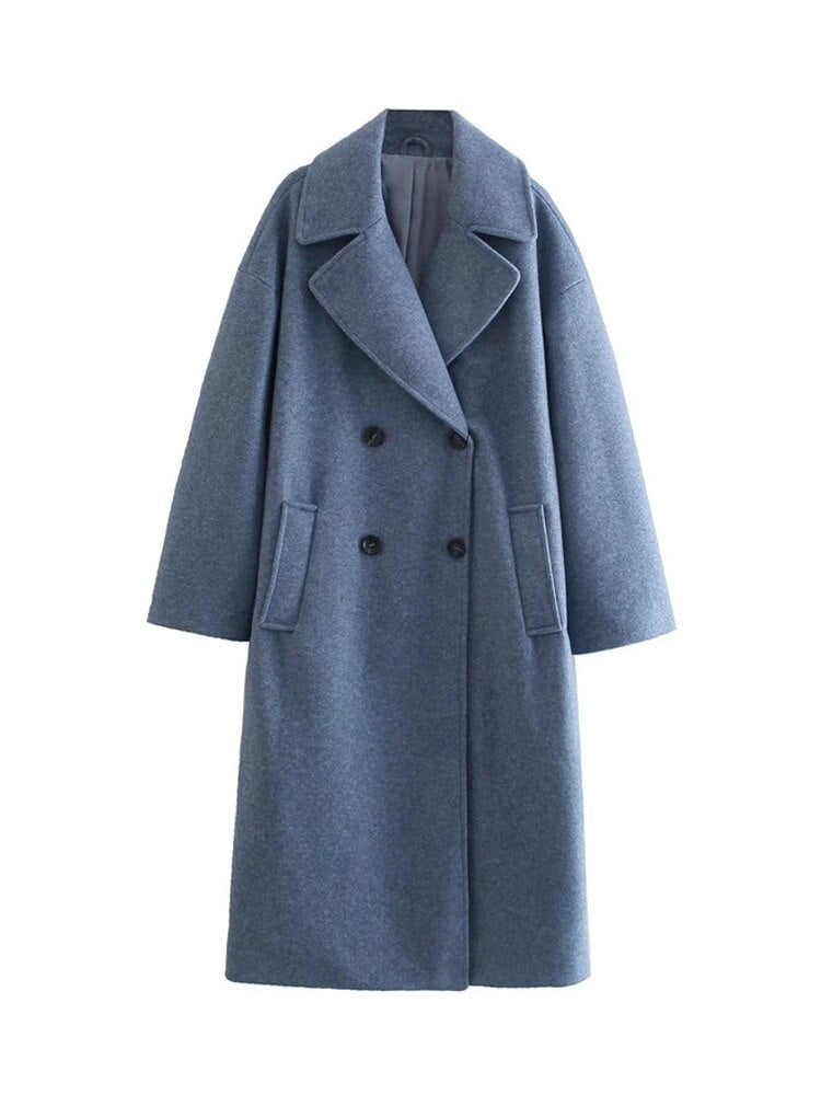 Lizakosht Wool Blends Coat Women Long Overcoat Double Breasted Lapel Winter Autumn Female Outwear Fashion Warm Gray Elegant Coats