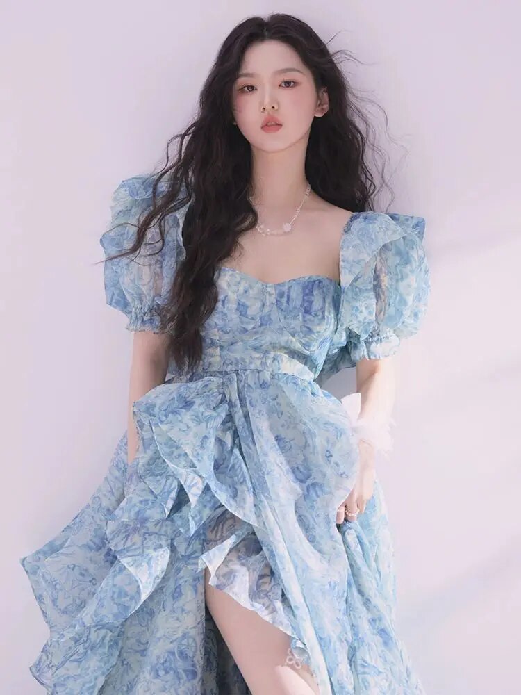 Lizakosht Party Dresses Summer Short Puff Sleeve Blue Print Chiffon Women Floor-Length Overlength Princess Long Dress Female