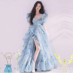 Lizakosht Party Dresses Summer Short Puff Sleeve Blue Print Chiffon Women Floor-Length Overlength Princess Long Dress Female