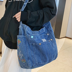 Lizakosht Stylish Denim Hobo Bag, Crossbody Bag For Work & School, Trendy Y2K Armpit Bag With Multiple Pockets