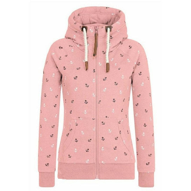 Spring Autumn Zip Hoodies Women Pink Gray Blue Green Warm Print Hooded Zipper Sweatshirt Slim Sweat Femme Hoody Moletom Feminino