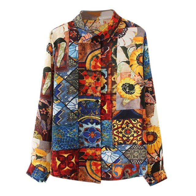 Women Retro Sunflower Print Shirt Oil Painting Print Design Blouse Girl Loose Lapel Tops and Blouses 2021  New