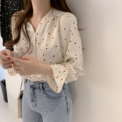 Spring Women Chiffon Shirt Korean Fashion Long Sleeve White Shirts Women Streetwear Office Blouse Elegant Lady Heart Print Tops