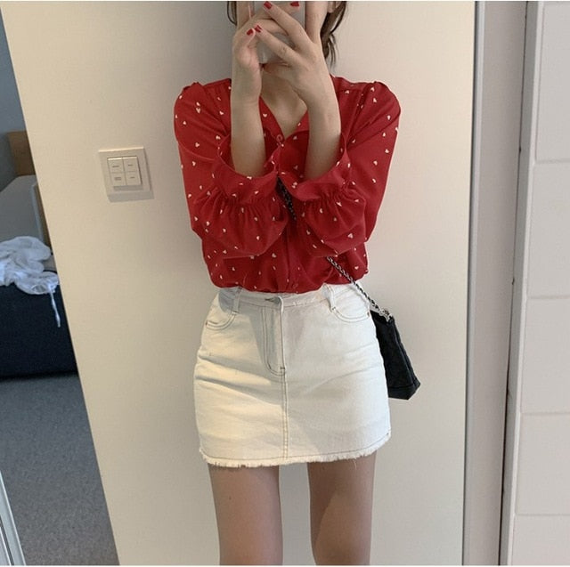 Spring Women Chiffon Shirt Korean Fashion Long Sleeve White Shirts Women Streetwear Office Blouse Elegant Lady Heart Print Tops