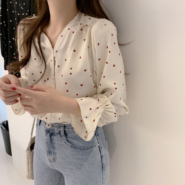 Spring Women Chiffon Shirt Korean Fashion Long Sleeve White Shirts Women Streetwear Office Blouse Elegant Lady Heart Print Tops