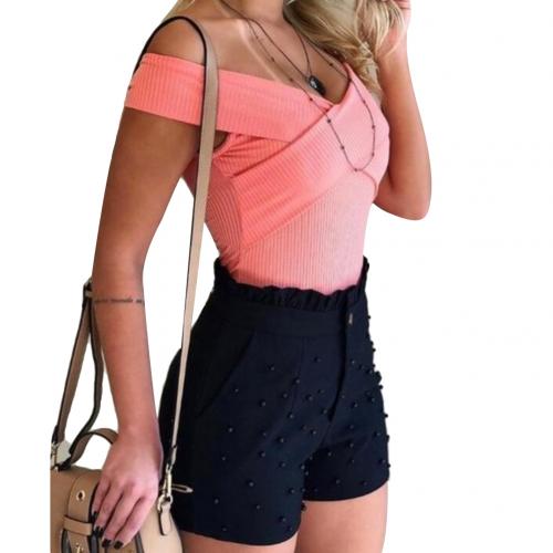 New Fashion Solid Color High Waist Button Ruffled Beaded Summer Women Shorts Button Ruffled Beaded Summer Women Shorts