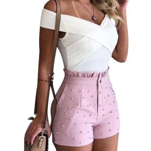 New Fashion Solid Color High Waist Button Ruffled Beaded Summer Women Shorts Button Ruffled Beaded Summer Women Shorts