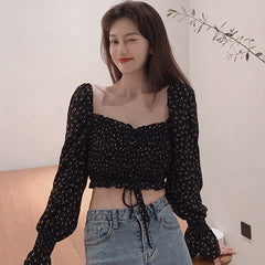 Sexy Crop Top 2021  Summer Square Collar Short Sleeve Women Blouses Sweet Pleated Floral Print Chiffon Shirt