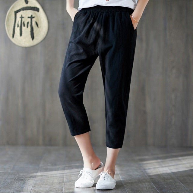 Lizakosht Plus Size Cotton Linen Trousers Women Summer Loose Harem High Waist Stripe Pocket Pant Casual Pantalon Female Sweatpants Trouser