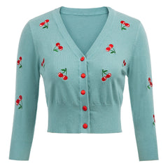 Women Vintage Jackets Cardigans  Autumn Spring Womens Cherries Embroidery 3/4 Sleeve V-Neck Cropped Knitting Coat Knitwear