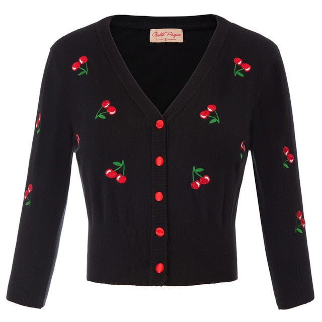 Women Vintage Jackets Cardigans  Autumn Spring Womens Cherries Embroidery 3/4 Sleeve V-Neck Cropped Knitting Coat Knitwear