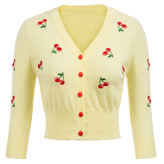 Women Vintage Jackets Cardigans  Autumn Spring Womens Cherries Embroidery 3/4 Sleeve V-Neck Cropped Knitting Coat Knitwear