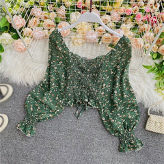 Sexy Crop Top 2021  Summer Square Collar Short Sleeve Women Blouses Sweet Pleated Floral Print Chiffon Shirt