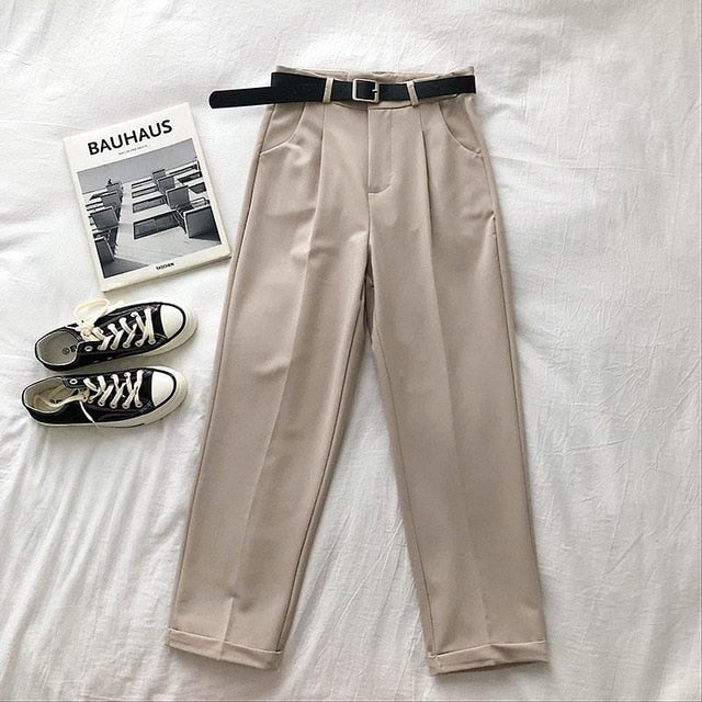 High Waist Women Pants Casual Loose Vintage With Sashes Suit Pants Korean Black Curl Harem Pants