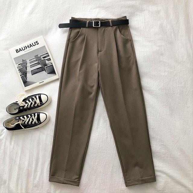 High Waist Women Pants Casual Loose Vintage With Sashes Suit Pants Korean Black Curl Harem Pants