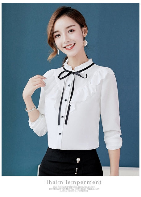 Spring Women Chiffon Shirt Korean Fashion Long Sleeve White Shirts Women Streetwear Office Blouse Elegant Lady Heart Print Tops