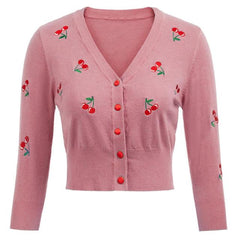 Women Vintage Jackets Cardigans  Autumn Spring Womens Cherries Embroidery 3/4 Sleeve V-Neck Cropped Knitting Coat Knitwear